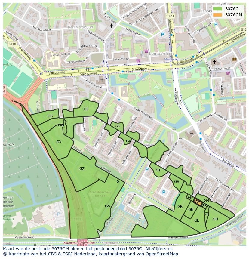 Afbeelding van het postcodegebied 3076 GM op de kaart.
