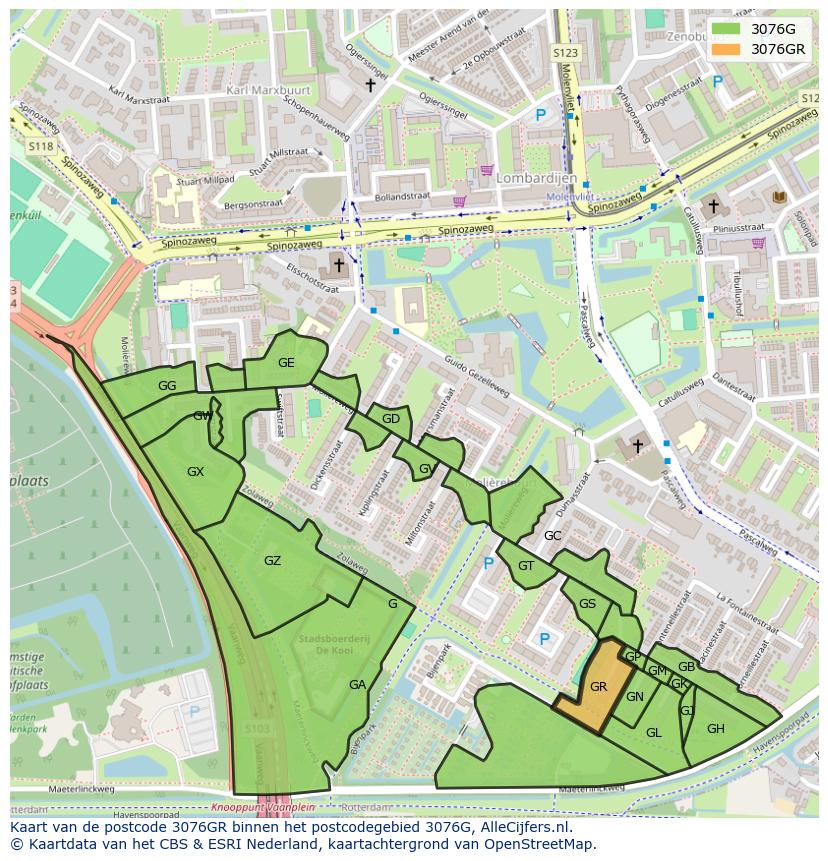 Afbeelding van het postcodegebied 3076 GR op de kaart.