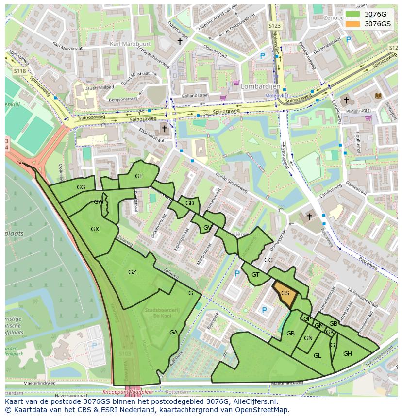 Afbeelding van het postcodegebied 3076 GS op de kaart.