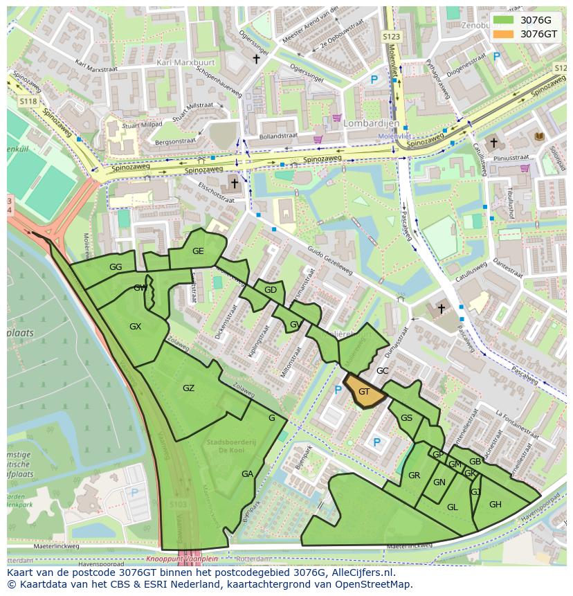 Afbeelding van het postcodegebied 3076 GT op de kaart.