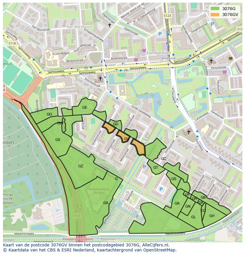 Afbeelding van het postcodegebied 3076 GV op de kaart.