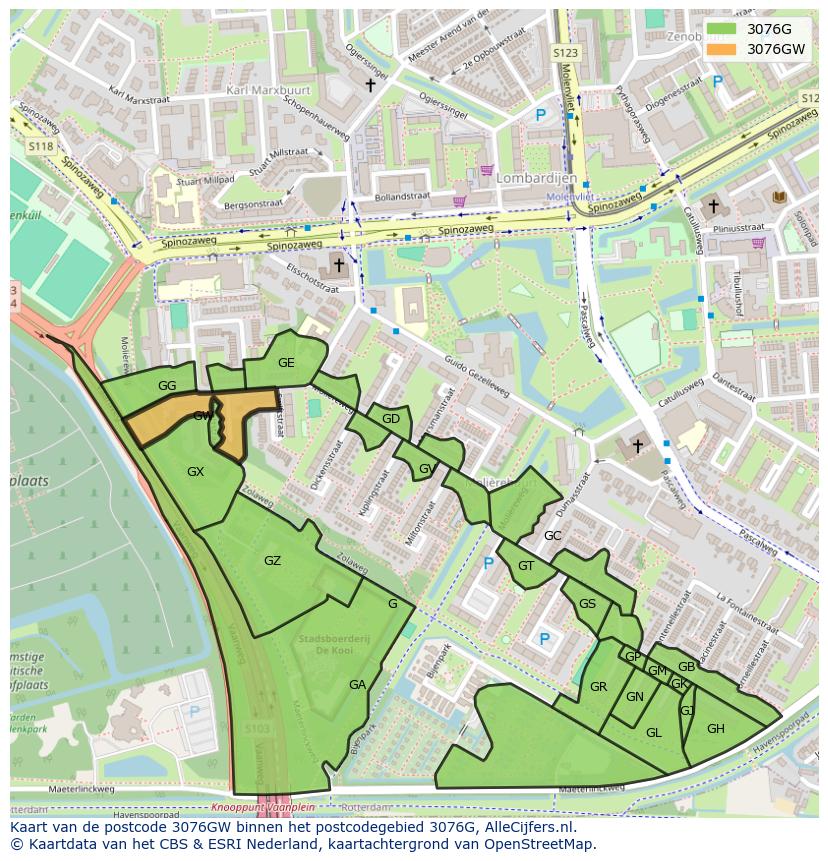 Afbeelding van het postcodegebied 3076 GW op de kaart.