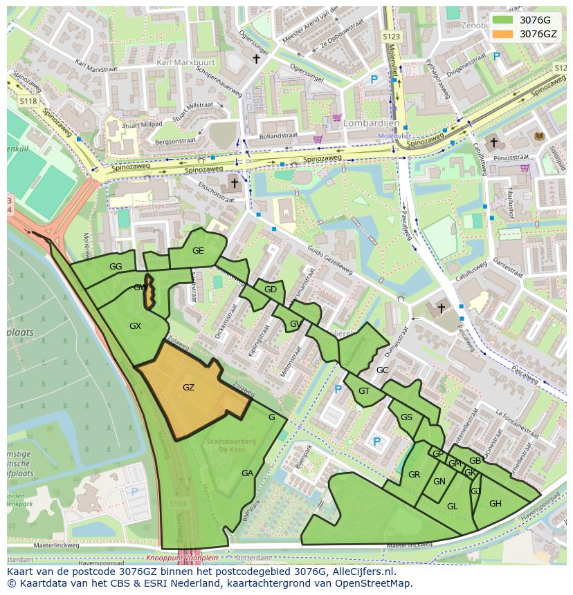 Afbeelding van het postcodegebied 3076 GZ op de kaart.