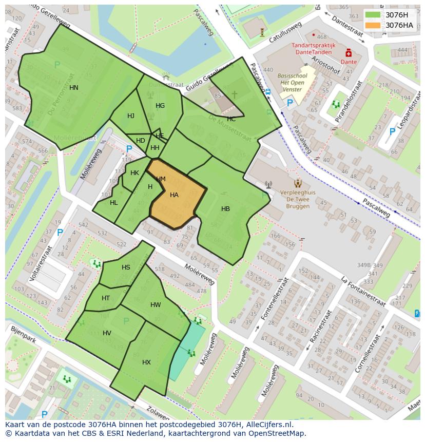 Afbeelding van het postcodegebied 3076 HA op de kaart.