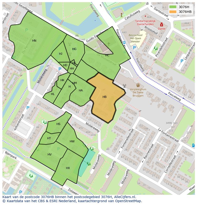 Afbeelding van het postcodegebied 3076 HB op de kaart.