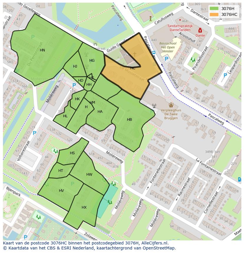 Afbeelding van het postcodegebied 3076 HC op de kaart.