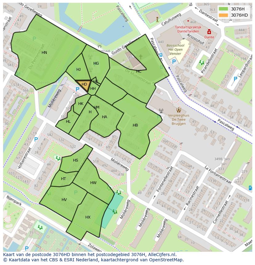 Afbeelding van het postcodegebied 3076 HD op de kaart.