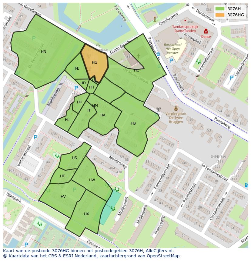 Afbeelding van het postcodegebied 3076 HG op de kaart.