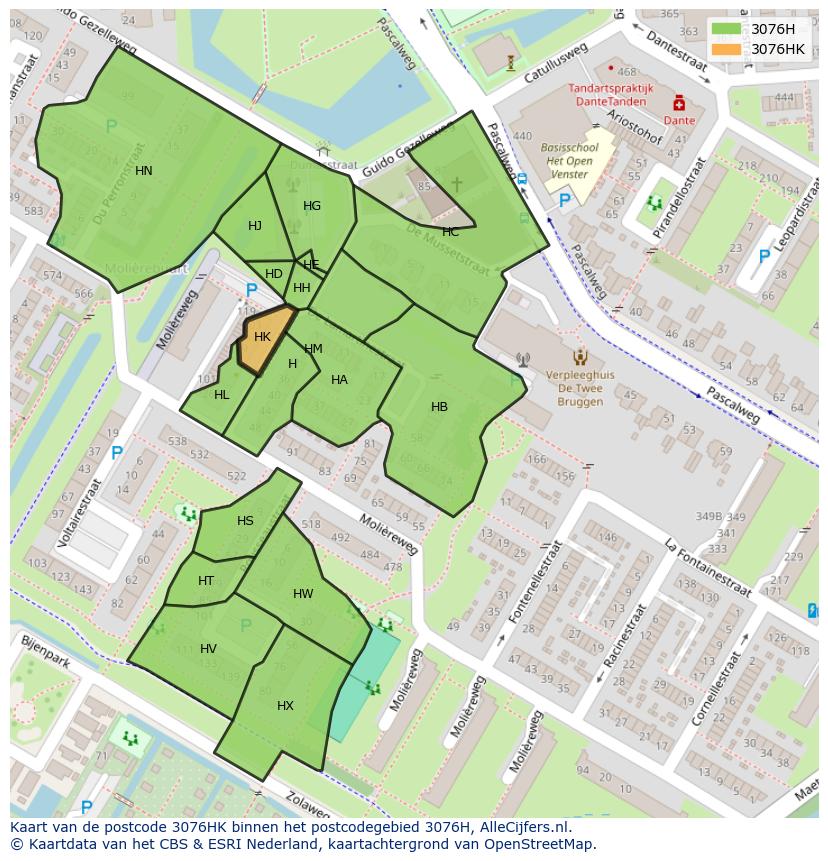 Afbeelding van het postcodegebied 3076 HK op de kaart.
