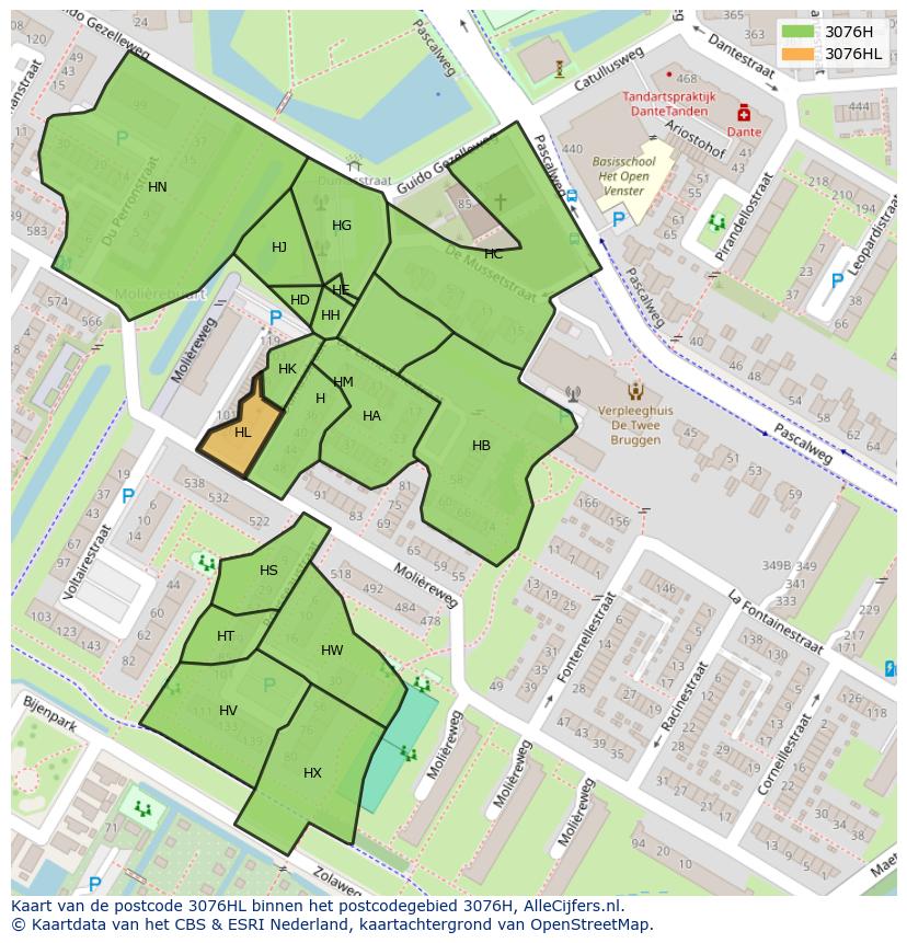 Afbeelding van het postcodegebied 3076 HL op de kaart.