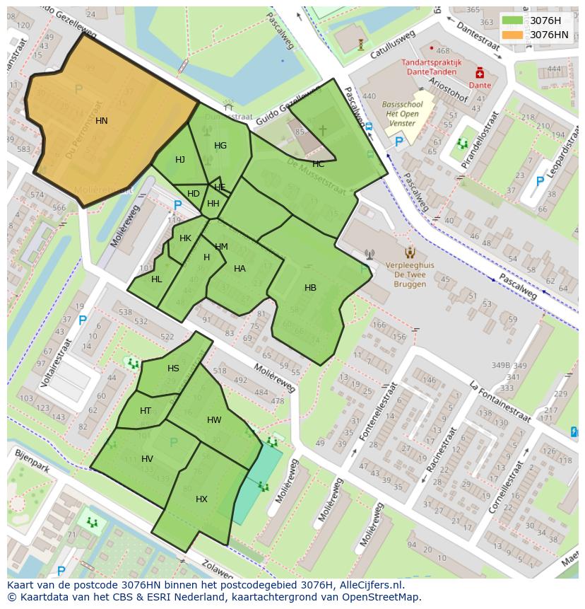 Afbeelding van het postcodegebied 3076 HN op de kaart.