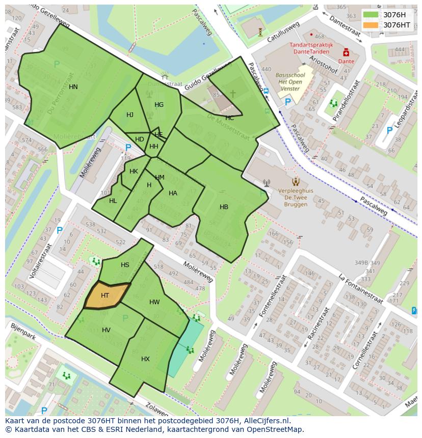 Afbeelding van het postcodegebied 3076 HT op de kaart.