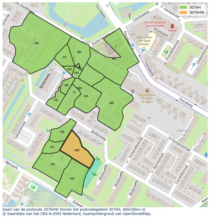 Afbeelding van het postcodegebied 3076 HW op de kaart.