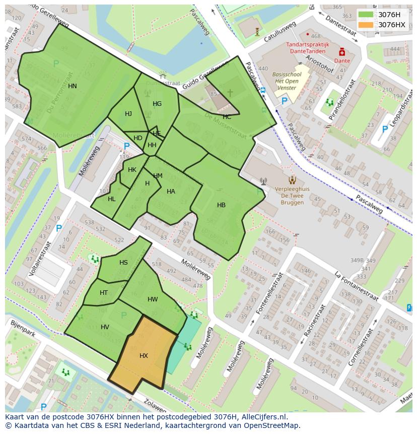 Afbeelding van het postcodegebied 3076 HX op de kaart.