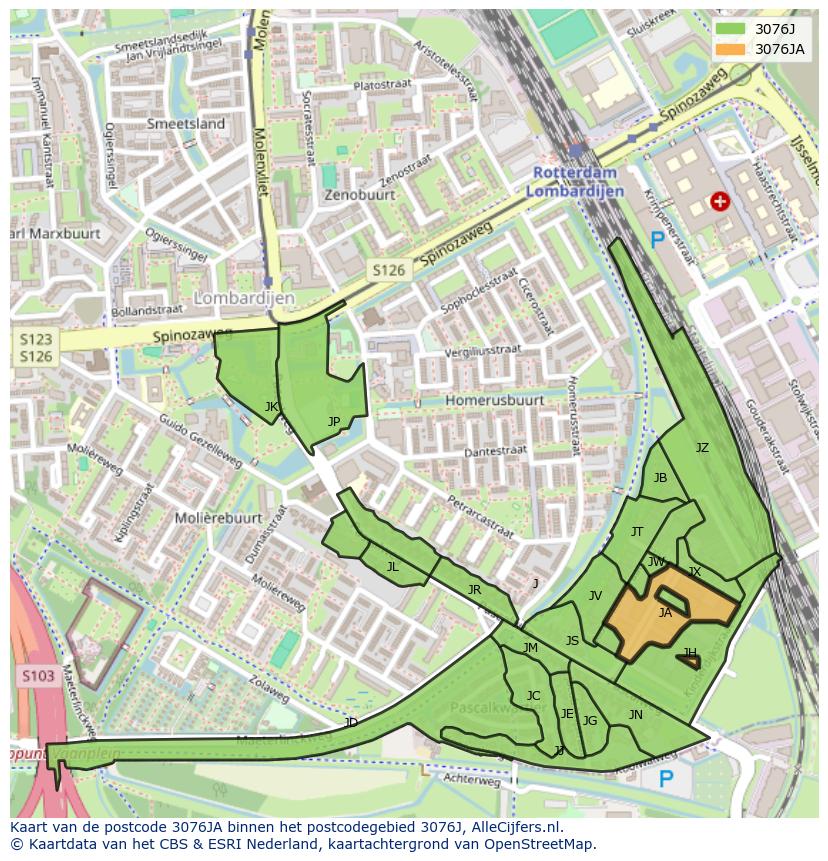 Afbeelding van het postcodegebied 3076 JA op de kaart.