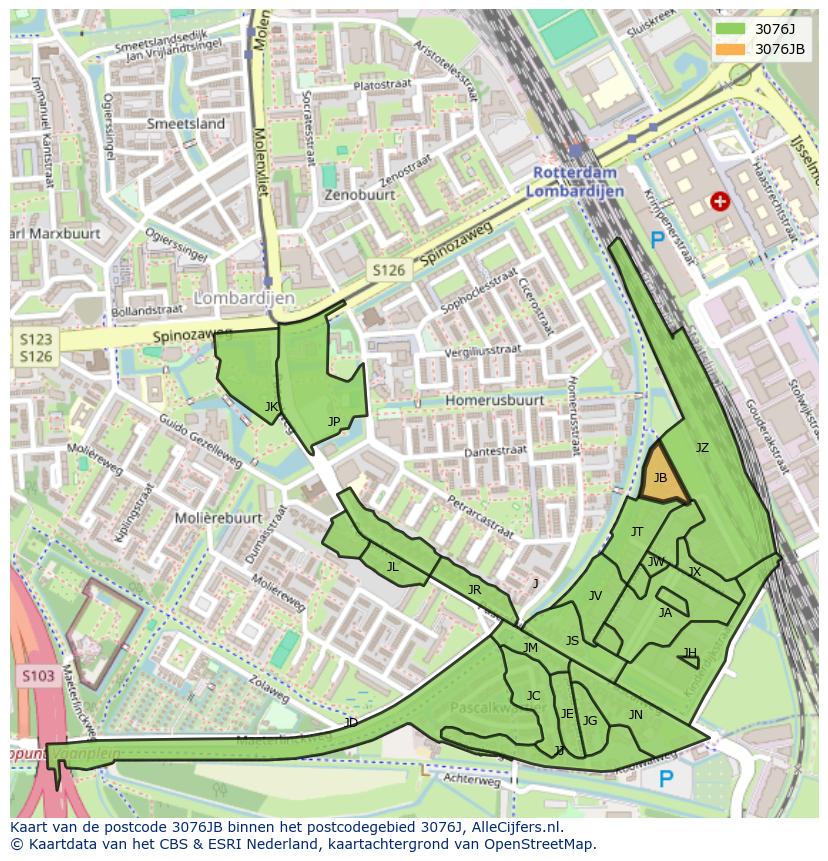 Afbeelding van het postcodegebied 3076 JB op de kaart.