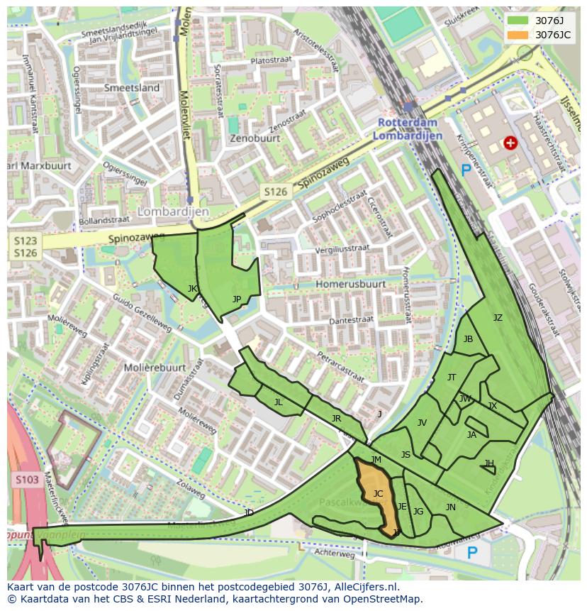Afbeelding van het postcodegebied 3076 JC op de kaart.