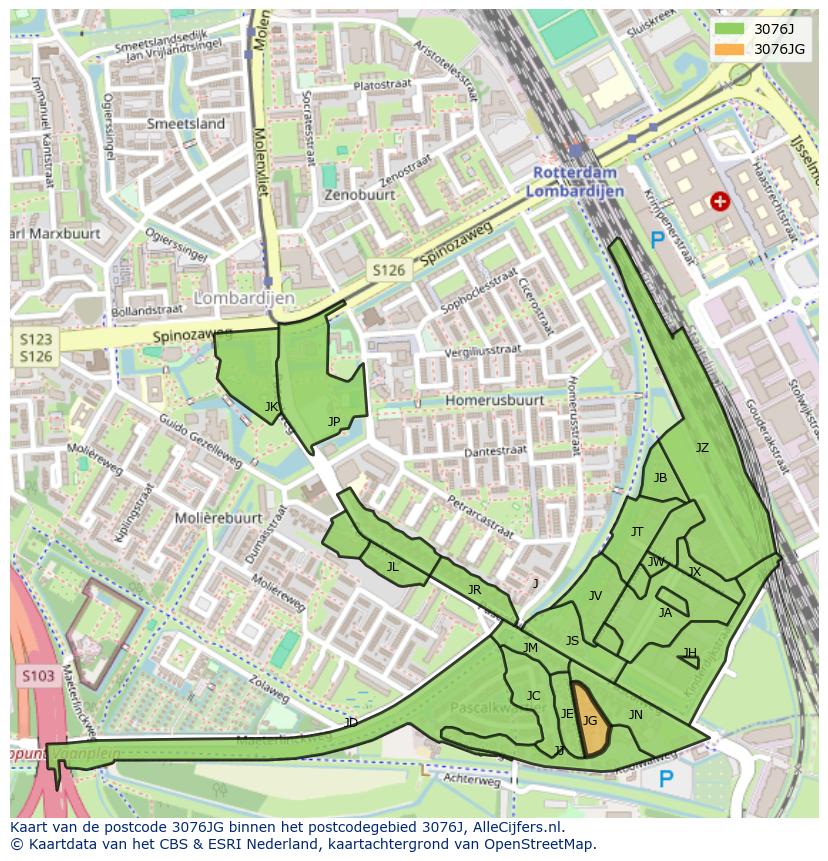 Afbeelding van het postcodegebied 3076 JG op de kaart.
