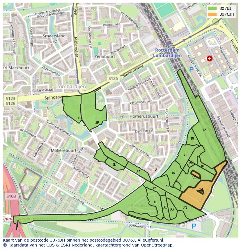 Afbeelding van het postcodegebied 3076 JH op de kaart.