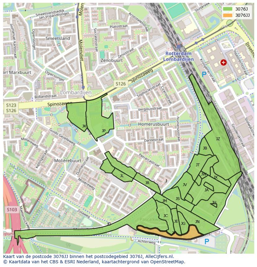 Afbeelding van het postcodegebied 3076 JJ op de kaart.