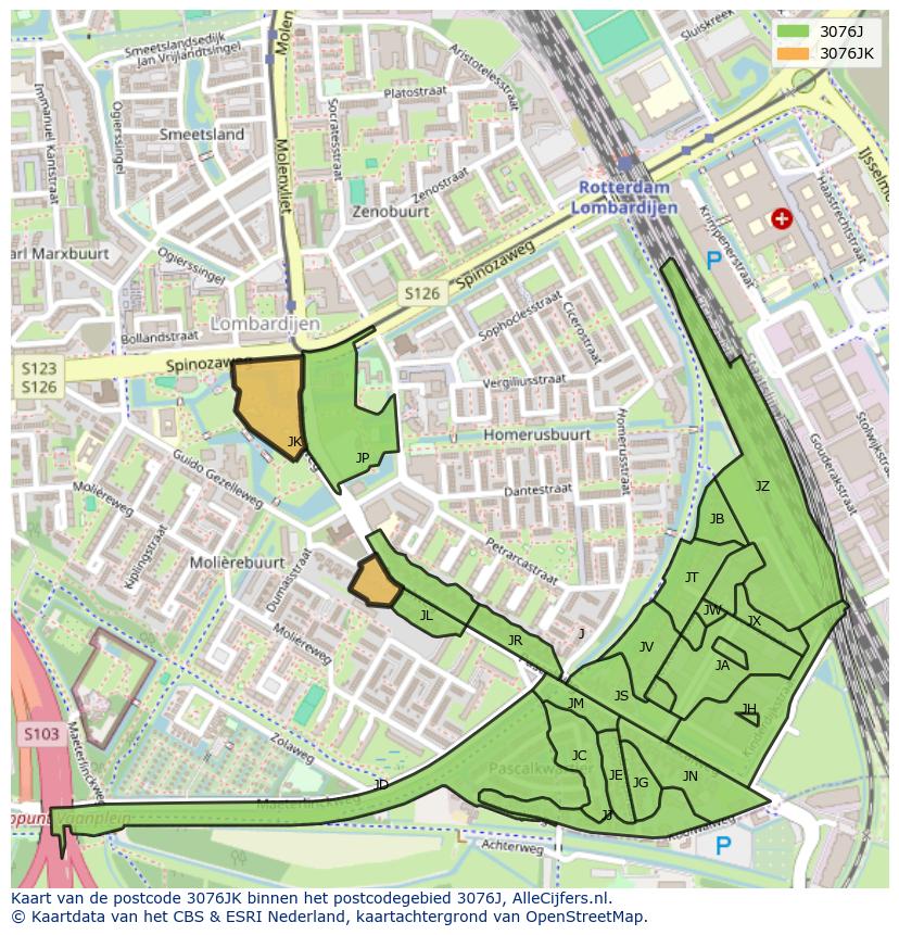 Afbeelding van het postcodegebied 3076 JK op de kaart.