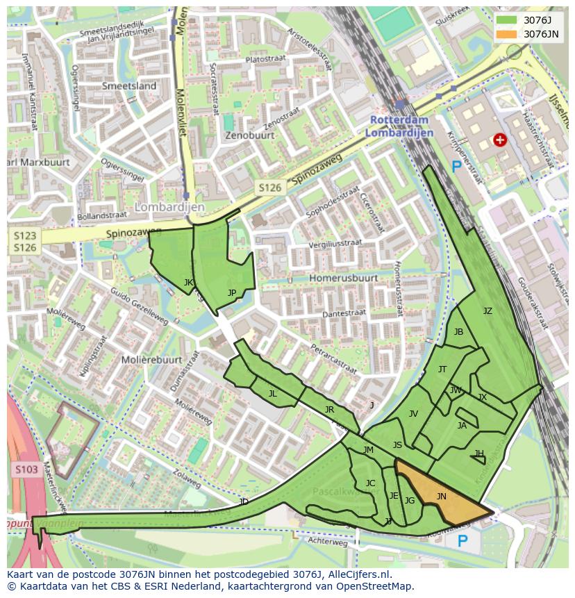 Afbeelding van het postcodegebied 3076 JN op de kaart.