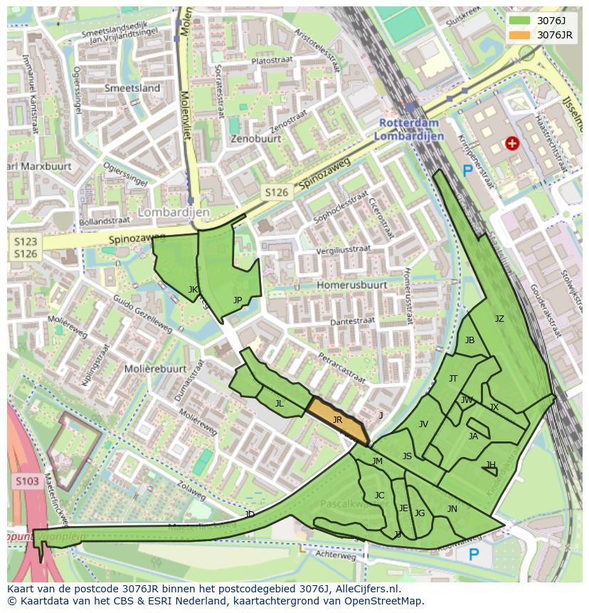 Afbeelding van het postcodegebied 3076 JR op de kaart.