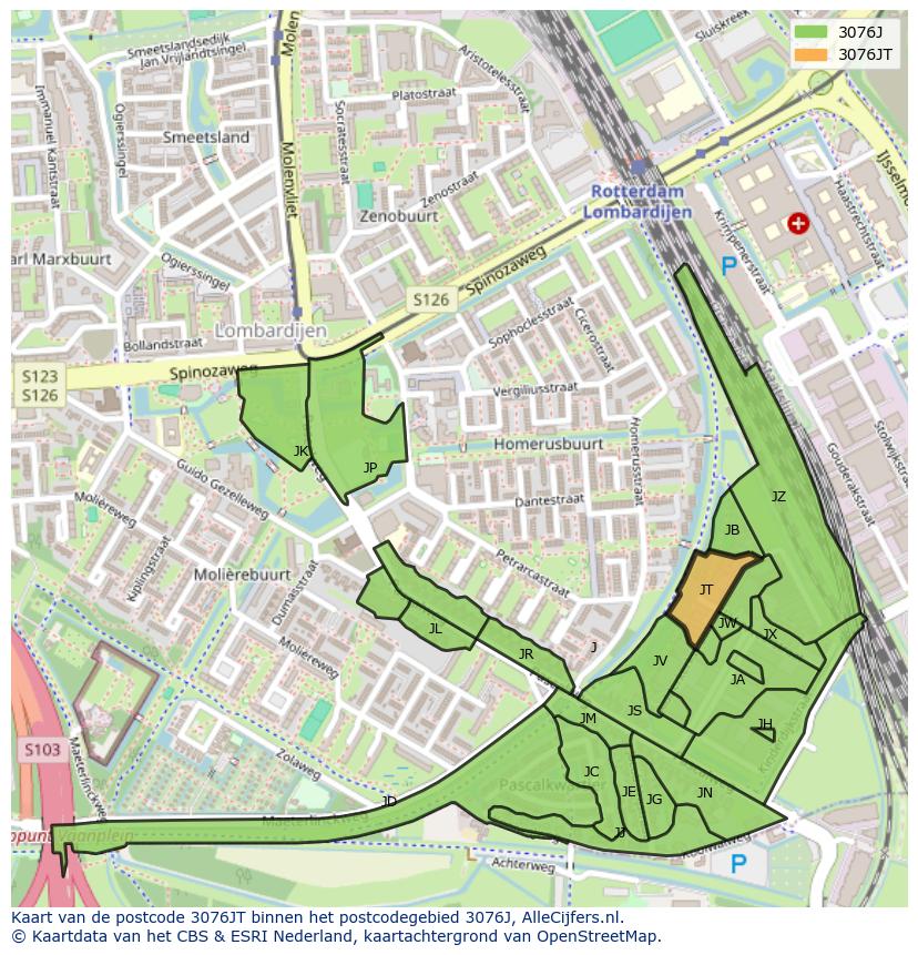 Afbeelding van het postcodegebied 3076 JT op de kaart.
