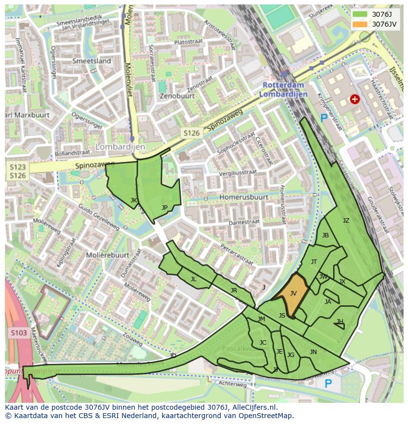 Afbeelding van het postcodegebied 3076 JV op de kaart.