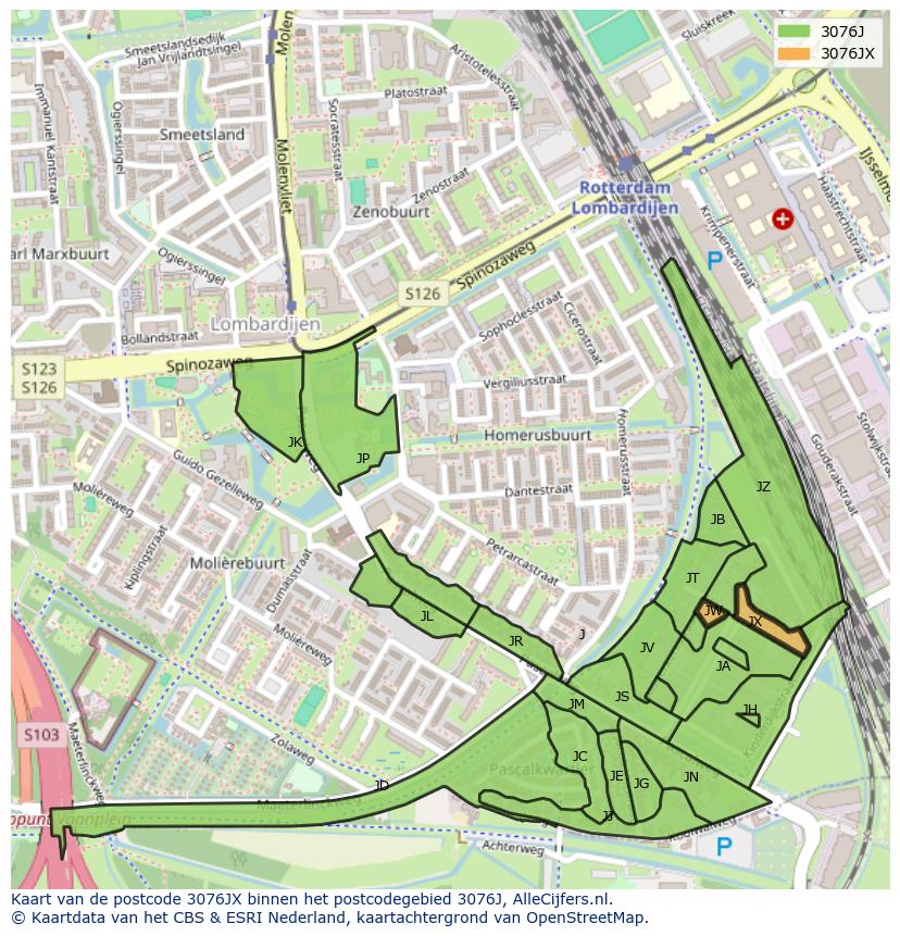 Afbeelding van het postcodegebied 3076 JX op de kaart.