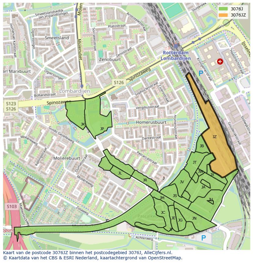Afbeelding van het postcodegebied 3076 JZ op de kaart.