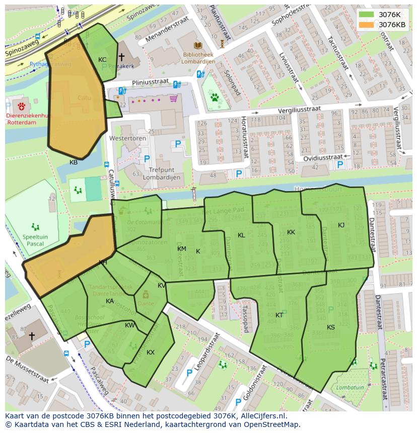 Afbeelding van het postcodegebied 3076 KB op de kaart.