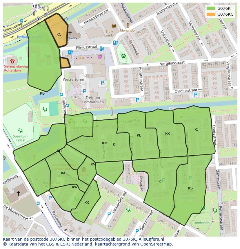 Afbeelding van het postcodegebied 3076 KC op de kaart.