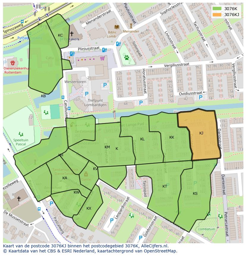 Afbeelding van het postcodegebied 3076 KJ op de kaart.