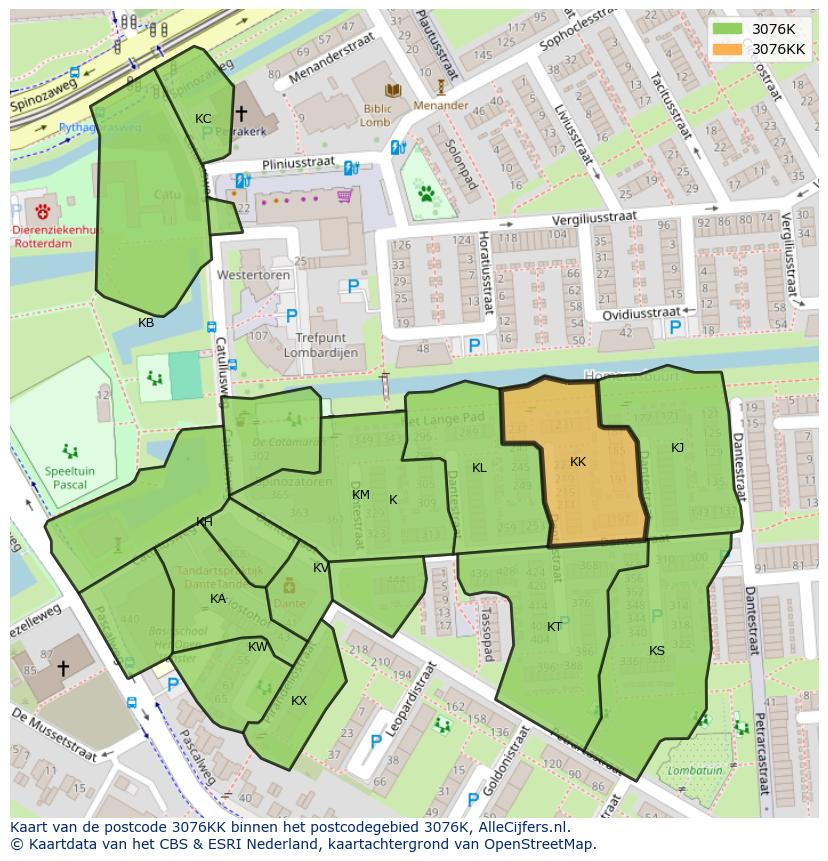 Afbeelding van het postcodegebied 3076 KK op de kaart.