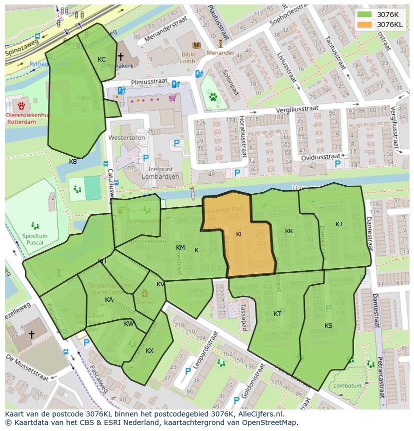 Afbeelding van het postcodegebied 3076 KL op de kaart.