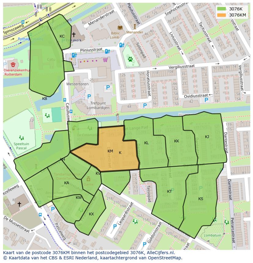 Afbeelding van het postcodegebied 3076 KM op de kaart.