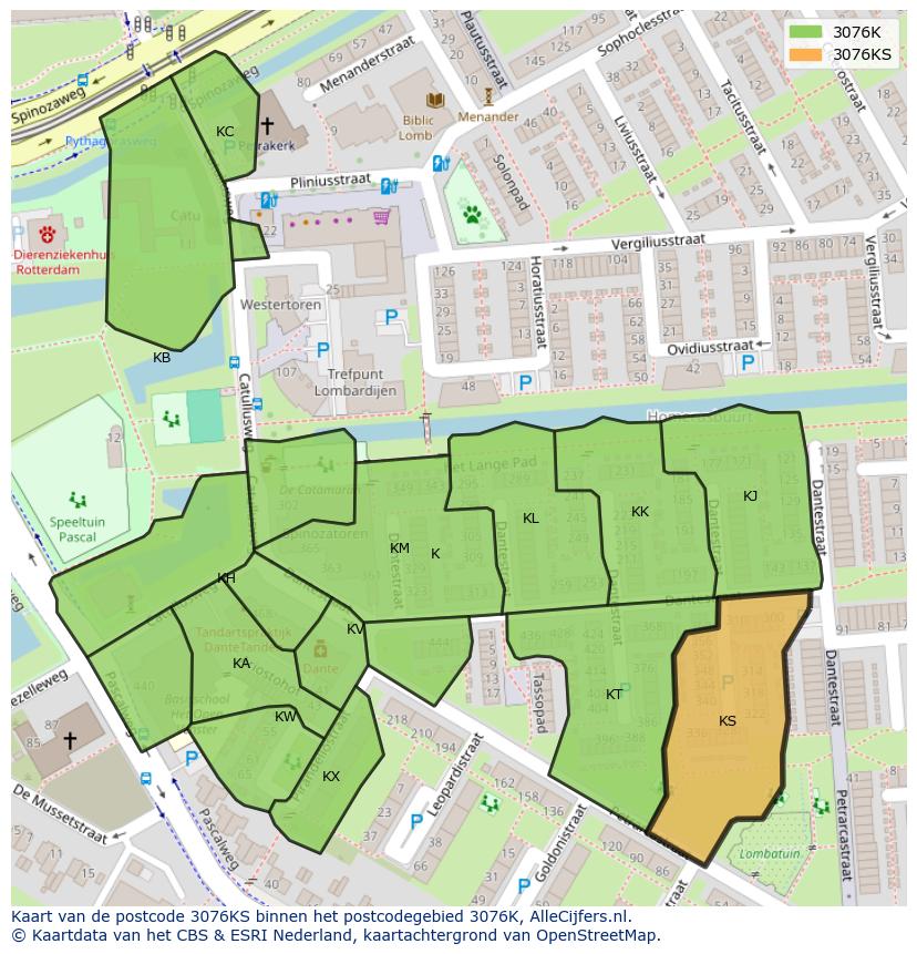 Afbeelding van het postcodegebied 3076 KS op de kaart.