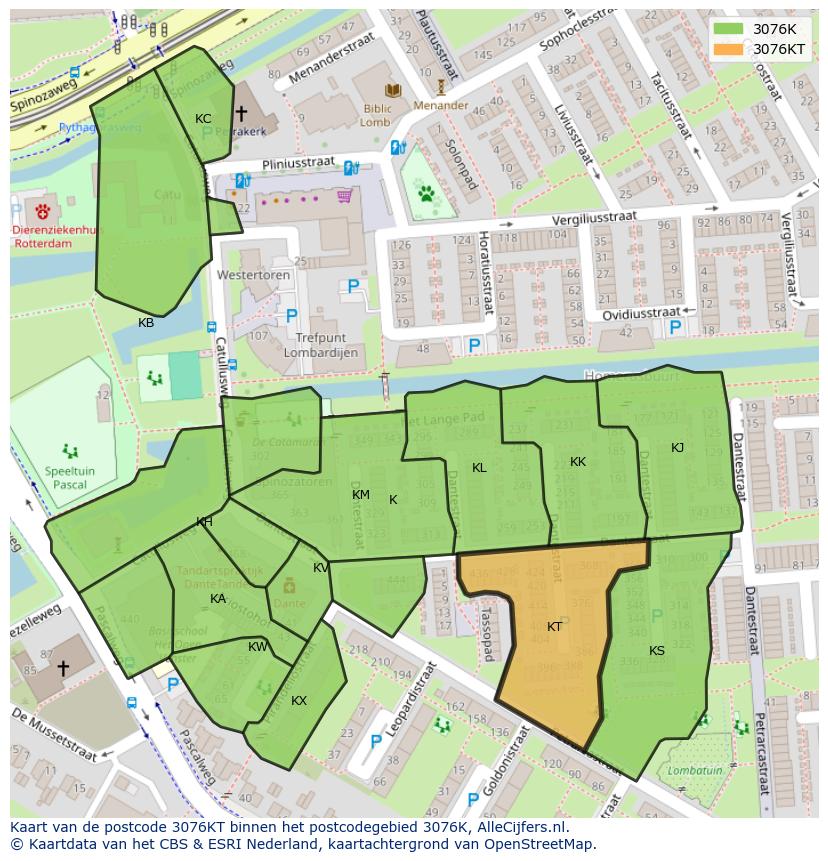 Afbeelding van het postcodegebied 3076 KT op de kaart.