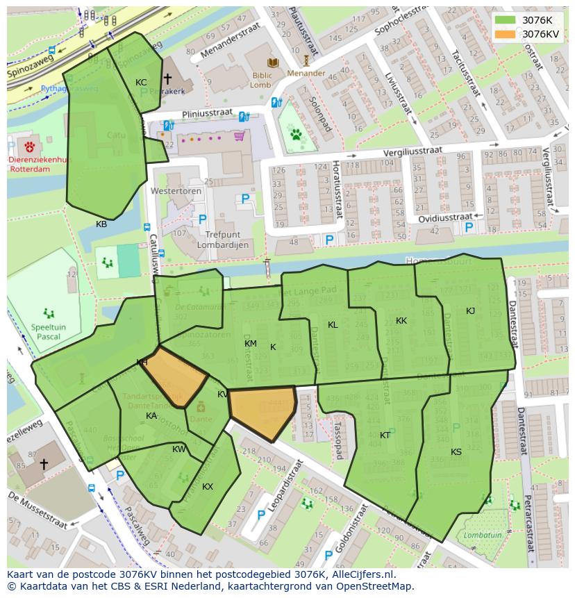 Afbeelding van het postcodegebied 3076 KV op de kaart.