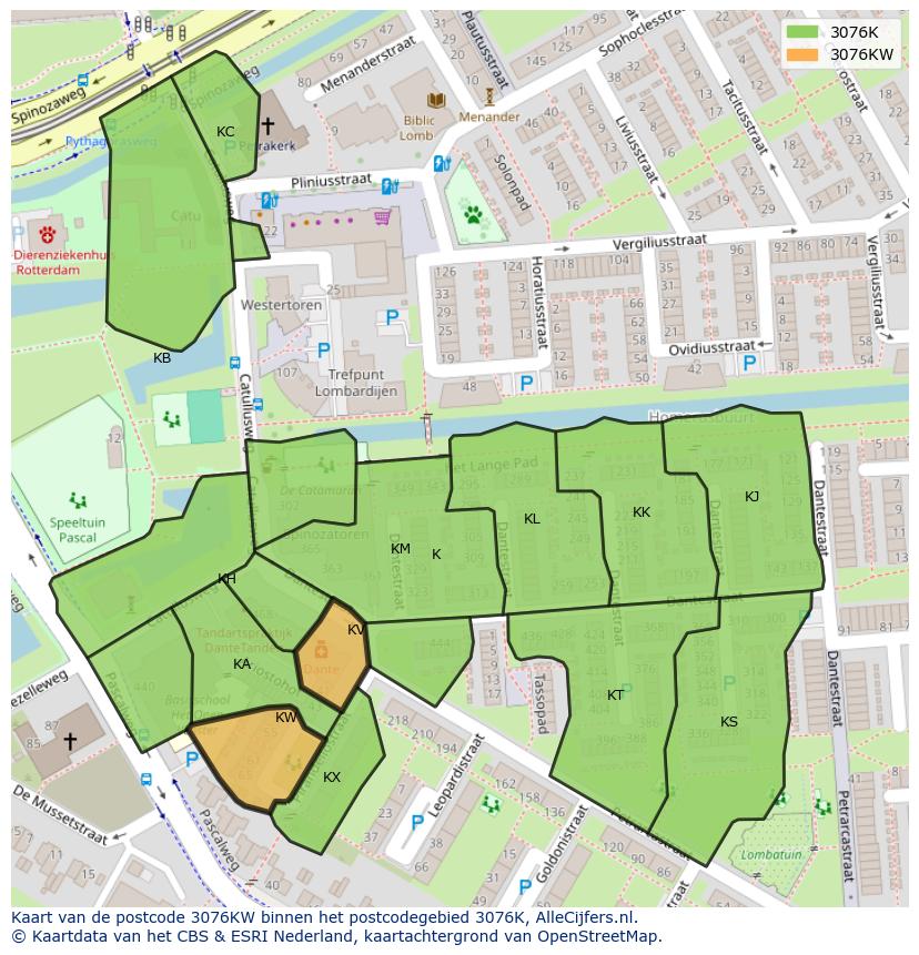 Afbeelding van het postcodegebied 3076 KW op de kaart.