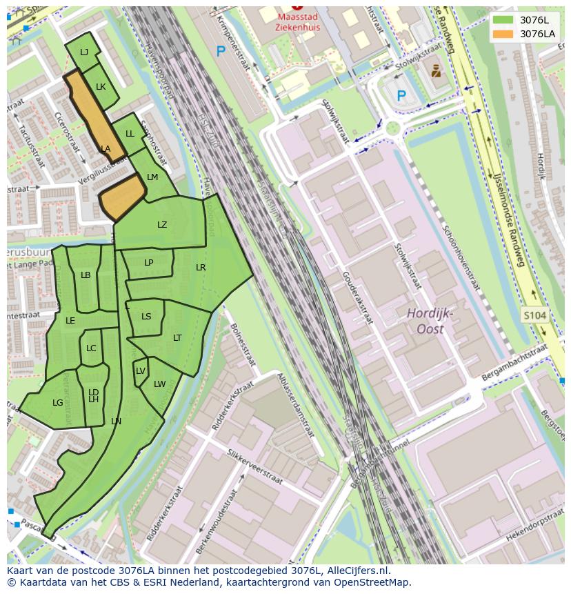 Afbeelding van het postcodegebied 3076 LA op de kaart.