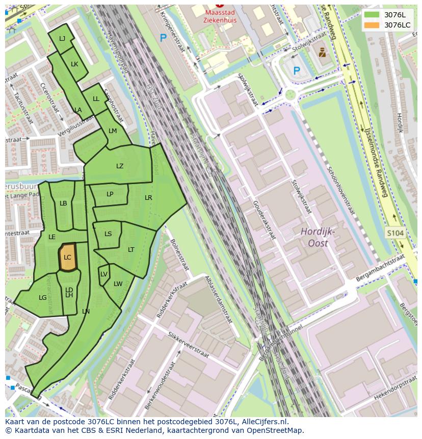 Afbeelding van het postcodegebied 3076 LC op de kaart.