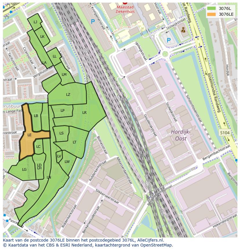 Afbeelding van het postcodegebied 3076 LE op de kaart.