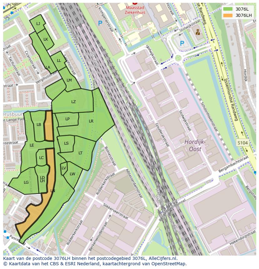Afbeelding van het postcodegebied 3076 LH op de kaart.