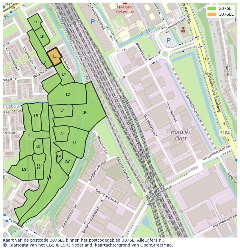 Afbeelding van het postcodegebied 3076 LL op de kaart.