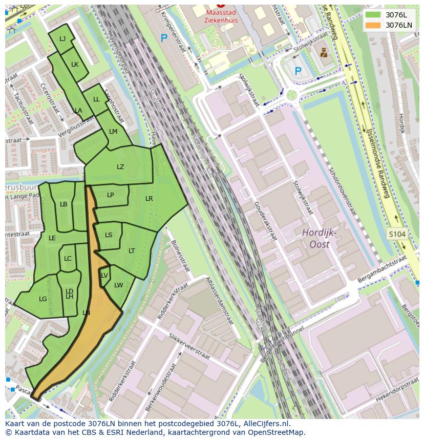 Afbeelding van het postcodegebied 3076 LN op de kaart.