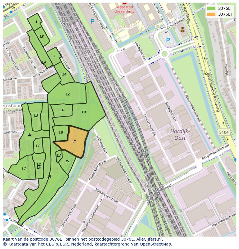 Afbeelding van het postcodegebied 3076 LT op de kaart.