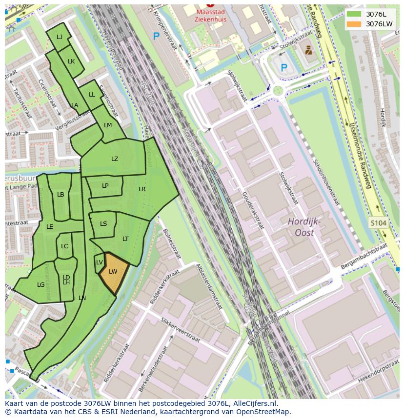 Afbeelding van het postcodegebied 3076 LW op de kaart.