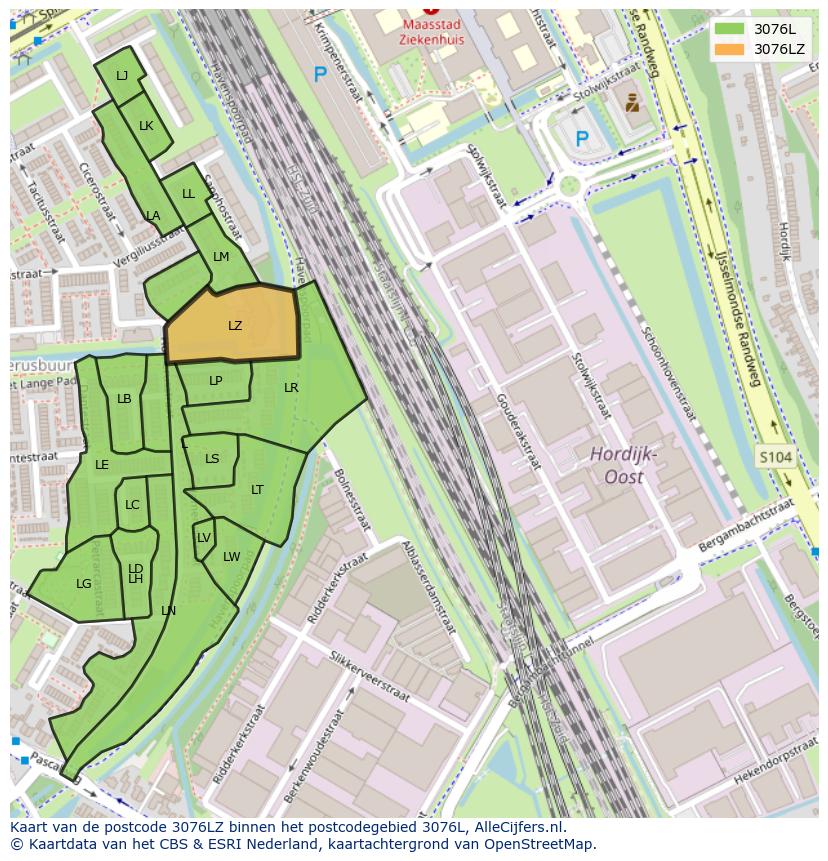 Afbeelding van het postcodegebied 3076 LZ op de kaart.